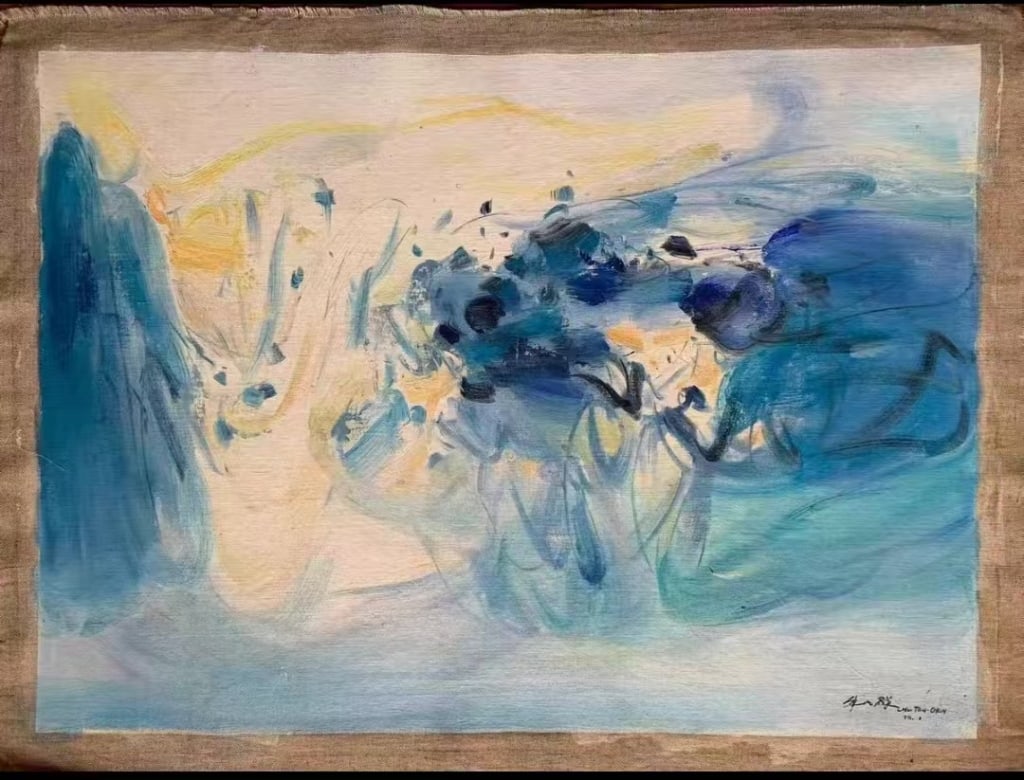 oil painting on canvas,Attribute to"Chu Teh-Chu": Dimension : 90X120cm . The composition relies heavily on a signature palette of deep blues, teals, and soft yellows, set against a luminous, cream-white background. The artist?s signature is located