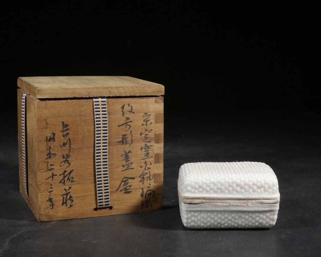 Chinese Ding-type white-glazed lidded box: Dimension : 5cm H x 8.3 x 6.2. weight is143gram. It is finished in a warm, ivory-white or creamy-white glaze. Where the glaze pools into the recesses of the studs, it shows a subtle, yellowish-green