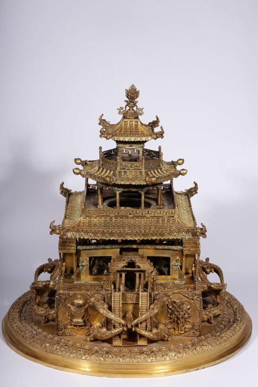gilt-bronze model of a multi-tiered temple pavilio: Chinese gilt-bronze model of a multi-tiered temple pavilion. Dimension : 50cm H x 52cm w