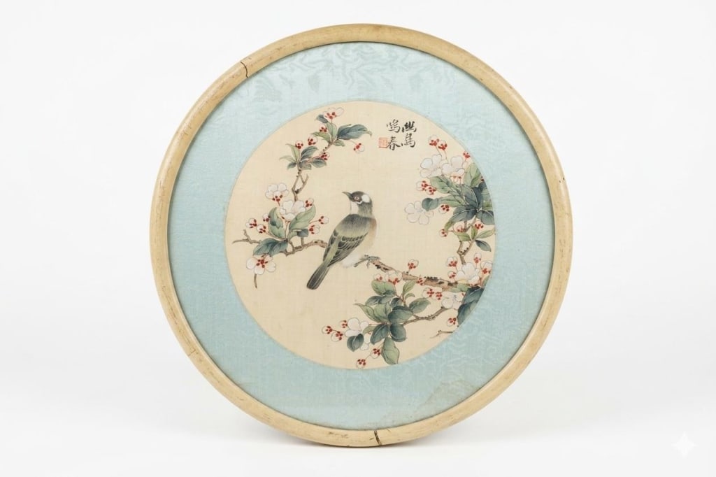 Chinese ink and color silk painting"Bird and Flowe: Dimension : 14 3/4"W. a framed round Chinese ink and color silk painting depicting a classic "Bird and Flower" (huaniao) motif. It is mounted inside a pale blue-green silk damask border and housed in