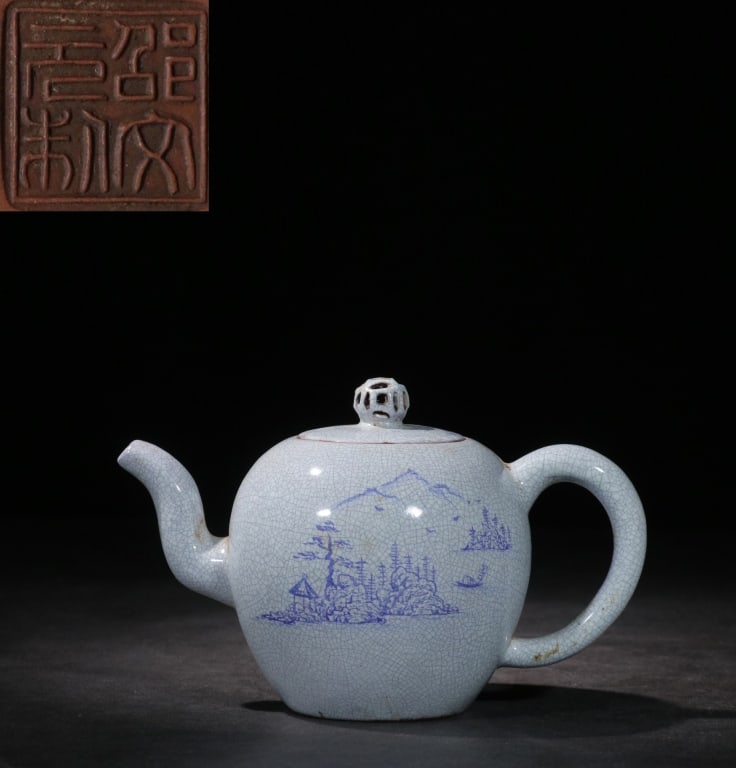 Chinese Ceramic Zisha Teapot,Mark: Dimension : 12.5cm H x20cm L ,weight is 438gram. The teapot features a classic globular body, a curved spout, a sturdy loop handle, and an intricate openwork reticulated finial on the lid. The body is