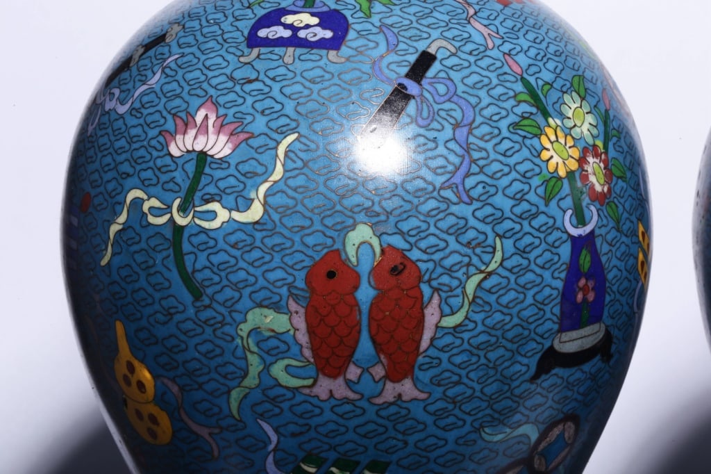 Pair of Chinese cloisonn? enamel meiping Vases: Dimension: 41cm H x 19cm w ,weight is 2091gram.2072gram. Decorated with various auspicious symbols and antiquities, including fish, floral arrangements in vessels, double gourds, ribbons, and coins.