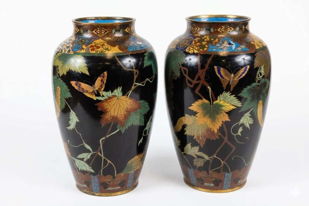 exceptional antique Japanese Meiji-period Cloisonn: exceptional antique Japanese Meiji-period Cloisonn? enamel vases. Dimension:12"H. Each vase features a finely detailed squirrel or chipmunk with a bushy tail, nestled among scrolling vines. The squirr