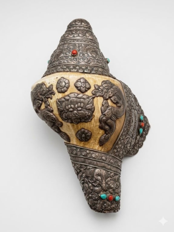 Tibetan Buddhist ritual conch shell horn: Dimension: 12"x 8" Tibetan Buddhist ritual conch shell horn (Dungkar), intricately decorated with repouss? silver work and inlaid semi-precious stones. It is used as a ceremonial musical instrument to