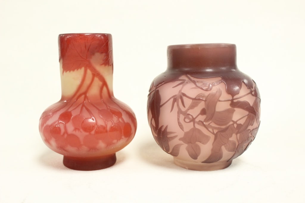 Two Exceptional Art Nouveau cameo glass vases: two exceptional pieces of antique Art Nouveau cameo glass vases,masterfully crafted using the multi-layered acid-etching technique popularized by the Ecole de Nancy in France during the late 19th and 