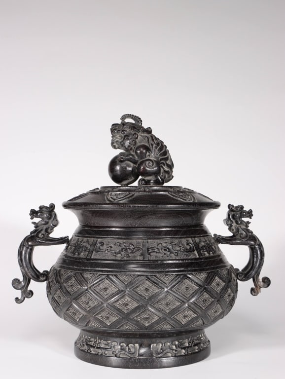 Chinese carved Zitan Wood lidded incense burner (1 of 8)