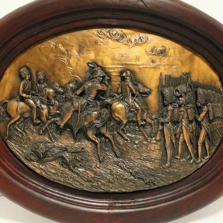 Large oval brass relief tablet signed F. Lavastre: Large oval brass relief tablet signed F. Lavastre (French), 1853(Copy) This is a copy of 20th century relief copper plaque depicting a battle scene. The plate is signed F. Lavastre 1853. The brass rel