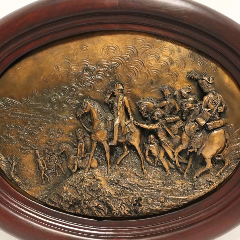 Large oval brass relief tablet signed F. Lavastre: Large oval brass relief tablet signed F. Lavastre (French), 1853(Copy) This is a copy of 20th century relief copper plaque depicting a battle scene. The plate is signed F. Lavastre 1853. The brass rel