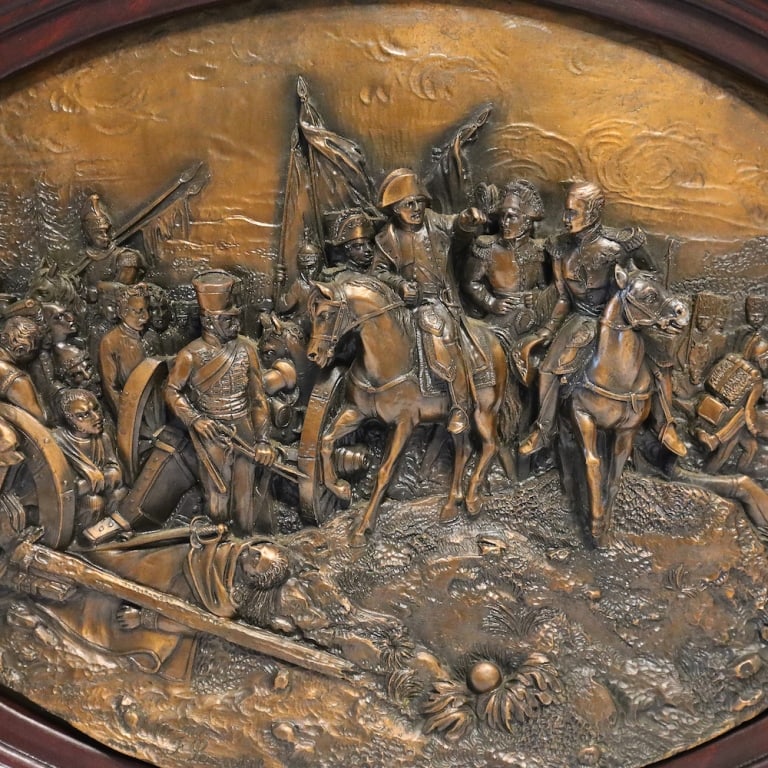 Large oval brass relief tablet signed F. Lavastre: Large oval brass relief tablet signed F. Lavastre (French), 1853(Copy) This is a copy of 20th century relief copper plaque depicting a battle scene. The plate is signed F. Lavastre 1853. The brass rel