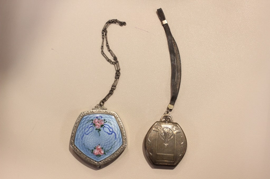 Two Antique Enamel Dance Compact: Dimension : 5.5cm/5cm x 4cm. The striking, sky-blue face is created using a translucent enamel layer fired over a