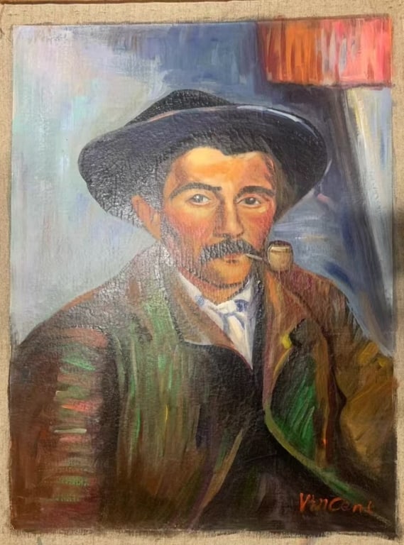 Oil on Canvas: Dimension: 90X120cm. The painting is a bust-length portrait of a man, depicting a similar figure, traditionally attributed as a copy or study related to Vincent van Gogh's Post-Impressionist style. Th
