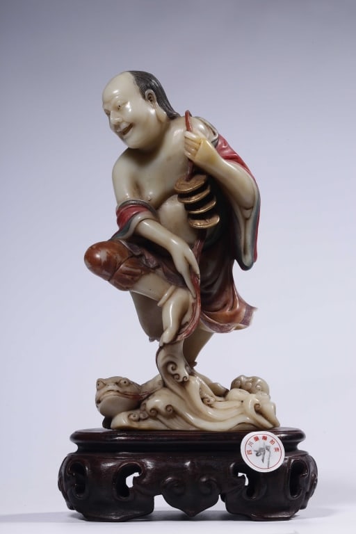 Chinese Soapstone Carved Liu Hai,: Dimension: overall is 22.5cm H ,weight is 757gram. Liu Hai stands with one foot on his mythical three-legged companion at the base. In Chinese folklore, this creature is capable of spitting out gold a