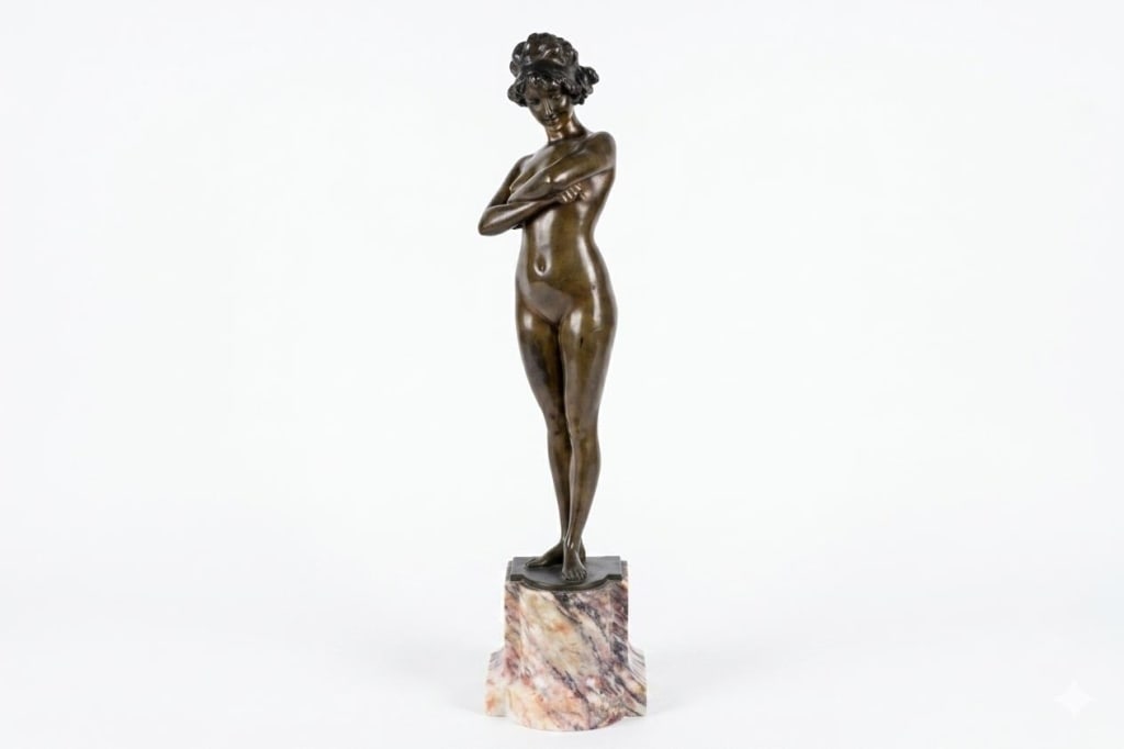 Art Deco bronze sculpture of a Female Nude.Signed: a famous Art Deco patinated bronze sculpture of a female nude. The signature "P. Philippe" is clearly incised into the flat upper surface of the bronze self-base, positioned to the right of the figure