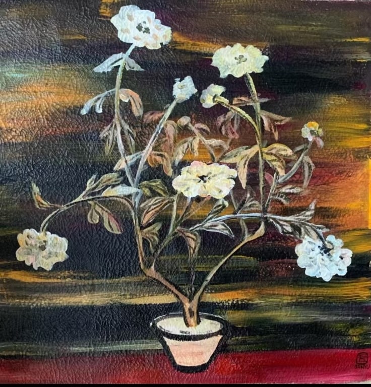 Oil on Canvas, "Potted White Flowers" (1 of 4)
