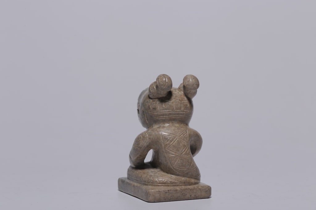 Chinese carved jade Seal with chilong: Dimension: 3.6cm w x 5.4cm H,162.5gram. The artifact is sculpted from an opaque, heavily mottled greyish-green stone with fine natural mineral veins. It depicts a stylized, kneeling mythical creature?