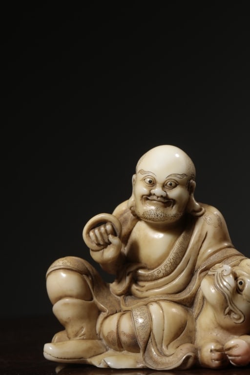 Chinese Soapstone Carved Luohan Figural w Tiger (1 of 9)