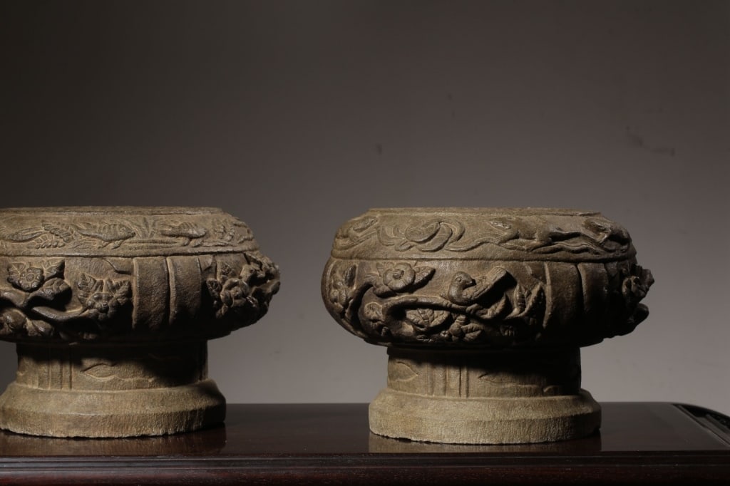 Chinese hand-carved stone drum-shaped plinths (1 of 9)