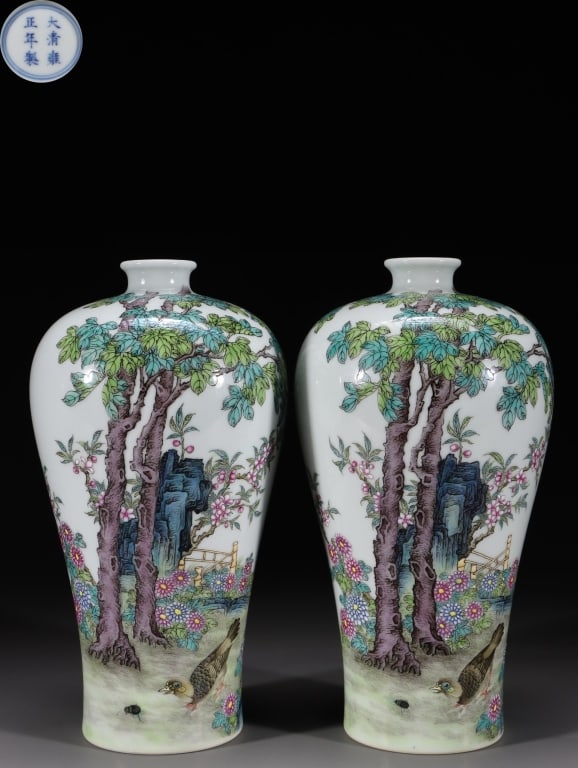Chinese Famille rose porcelain meiping vases,Mark: Dimension: 18cm H x 9.5cm w ,weight is 424/403gram. The vessels feature the classic meiping (plum vase) profile, distinguished by a narrow flared mouth, a short neck, wide rounded shoulders, and a tal