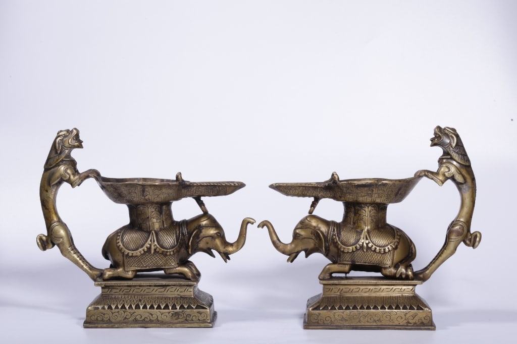 Chinese archaistic bronze elephant-form oil lamps, (1 of 11)