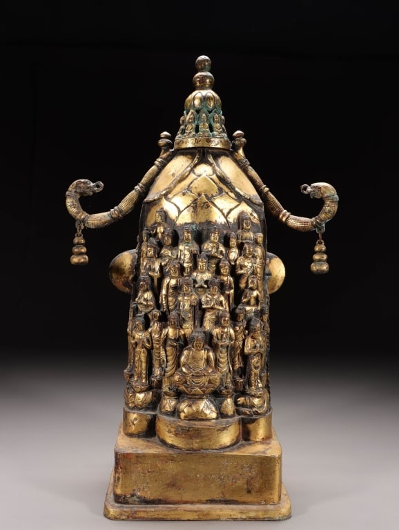 Chinese Gilt bronze Buddhist votive stupa: Dimension: 40cm H x 24cm x 13.5cm,weight is 4300gram.