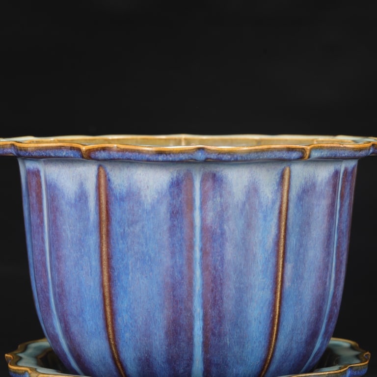Chinese Jun ware mallow-shaped flower pot and stan (1 of 9)