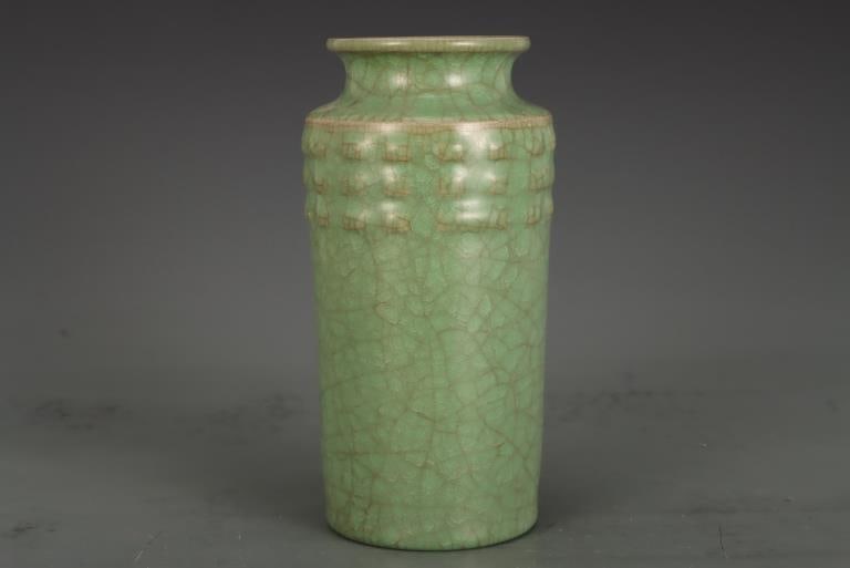Cylindrical Chinese Green Ceramic Vase. (1 of 9)