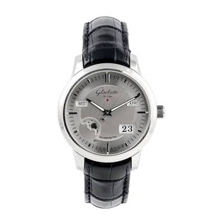 GLASHUTTE ORIGINAL SENATOR EXCELLENCE EWIGER PERPETUAL: Montre r&#233;alis&#233;e en s&#233;rie limit&#233;e, cet exemplaire porte le num&#233;ro 164. Bo&#238;tier en acier fond apparent 42mm, verre saphir, cadran guilloch&#233; gris tr&#232;s rare, avec c