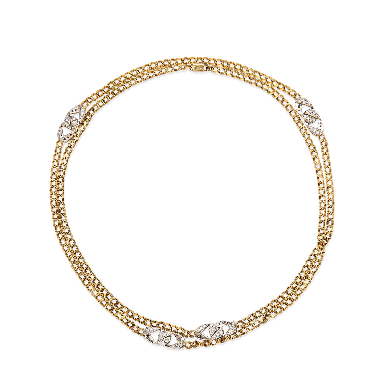 LONGUE CHAÃŽNE EN OR ET DIAMANTS, SIGNÃ‰E CHIMENTO: rÃ©alisÃ©e avec une sÃ©rie de doubles maillons entrecoupÃ©s de liens gÃ©omÃ©triques en brillants, poinÃ§on 750 et d'orfÃ¨vre Poids g 37,00 environ, longueur cm 45 A GOLD AND DIAMOND LO