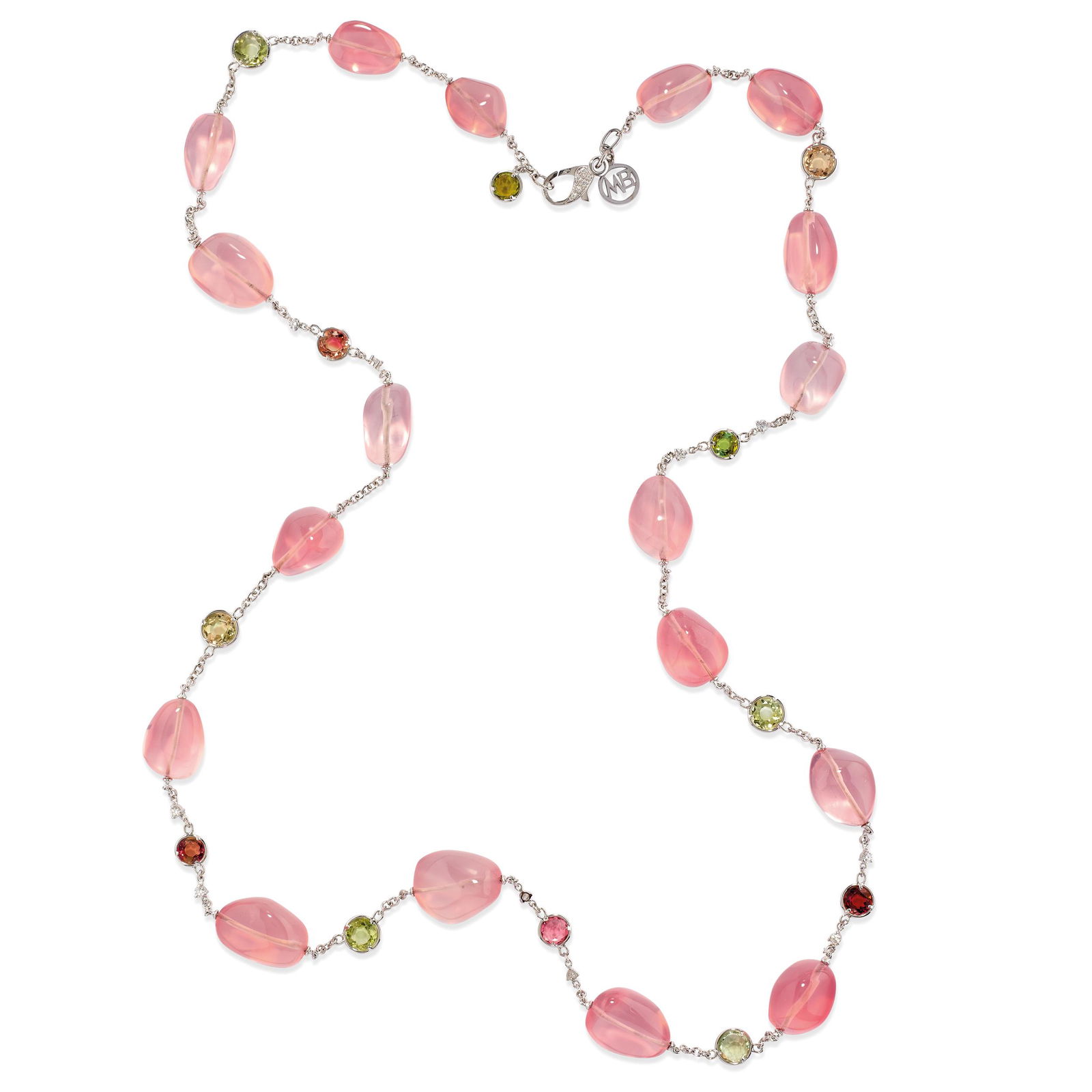LONG COLLIER EN OR, QUARTZ ROSE, TOURMALINES COLORÃ‰ES (1 of 1)