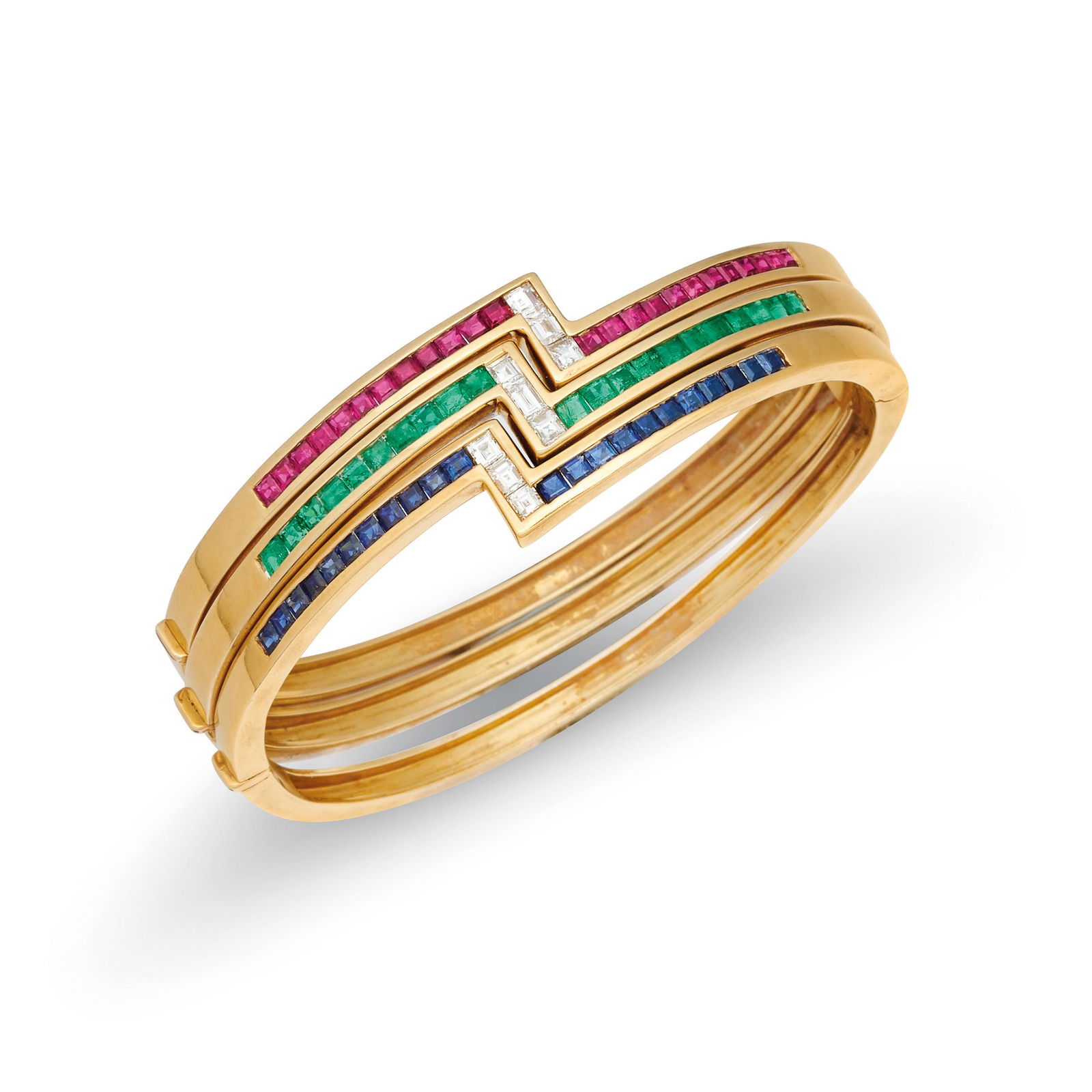 TROIS BRACELETS RIGIDES EN OR, SAPHIRS, RUBIS, (1 of 1)