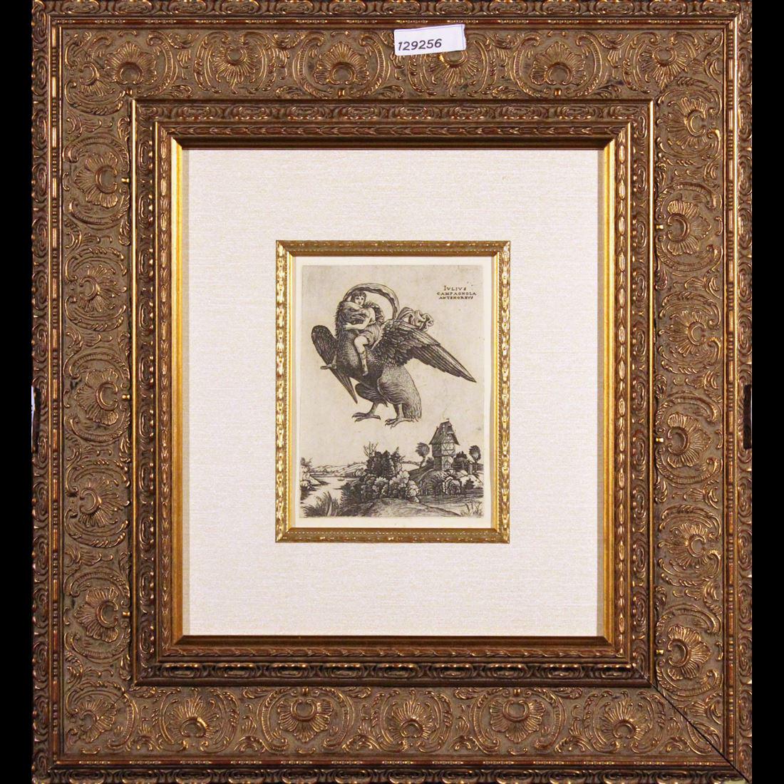 Giulio Campagnola-The Rape of Ganymede: Giulio Campagnola (Italian, 1481-1516). Engraving printed in black ink on laid paper after the original. Signed on the plate. Extremely rare. Printed in the mid nineteenth century. Ref; B.5