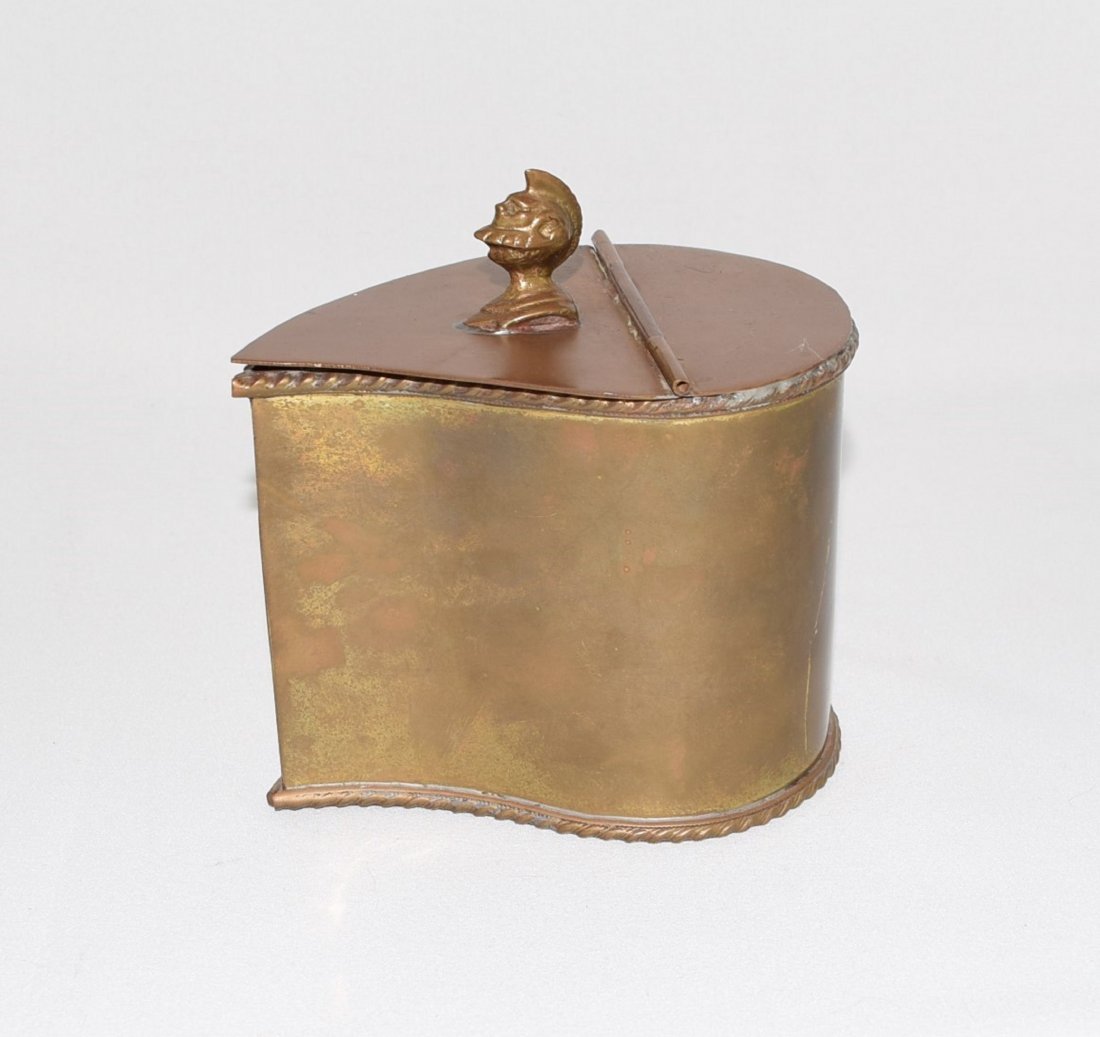 Vtg Heavy Brass Caddy With Knights Helmet Hinged Top: Vintage Heavy Brass Caddy With Knights Helmet Hinged Top Teardrop Shape Box. Marked "9c" On The Inside Of The Lid. Color: Brass. Material: Brass. Measurements: Height: 3 3/4" (not including the Knight