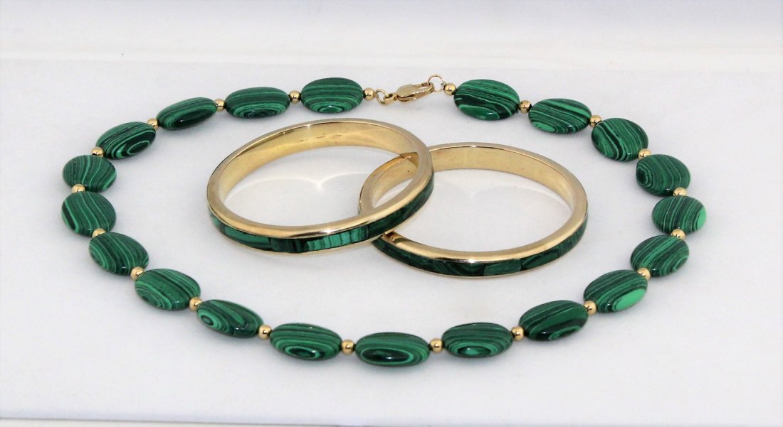 Malachite Brass Pair of Bangle Bracelets and Necklace (1 of 2)