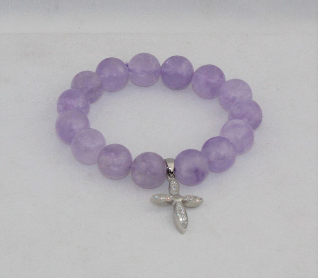 Lavender Jade Sterling Silver 12 mm Round Bead Bracelet (1 of 3)