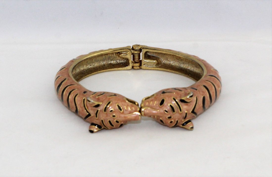 Bengal Tiger Enamel Gold Tone Hinged Cuff Bracelet (1 of 6)