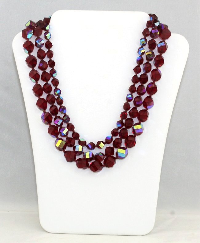 Triple Strand Red Aurora Borealis Crystal Bead Necklace (1 of 3)