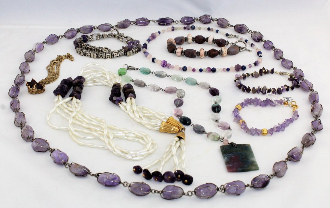 Amethyst & Jade Gemstone Mixed Jewelry 1 Lb Lot: This is a beautiful Amethyst & Jade Gemstone Mixed Jewelry 1 Lb Lot, consisting of 5 necklaces and 4 bracelets. The white fresh water pearls are plastic, but all other gemstones are genuine and all ex