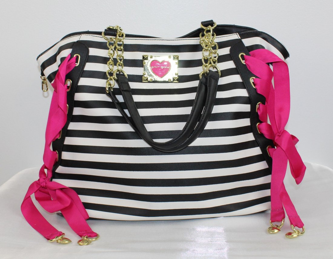 Betsey Johnson Black White Stripe Large Handbag (1 of 7)