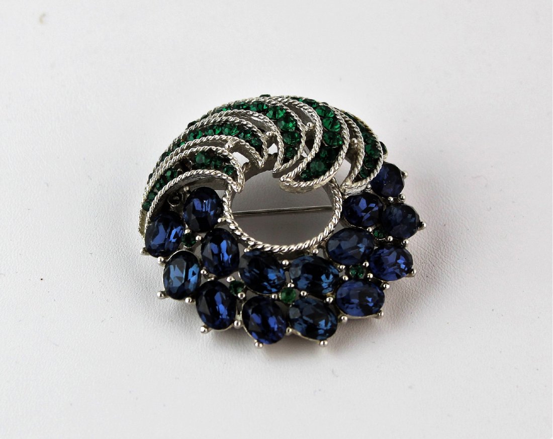 Crown TRIFARI Green Blue Deco Rhinestone Brooch Pin (1 of 2)