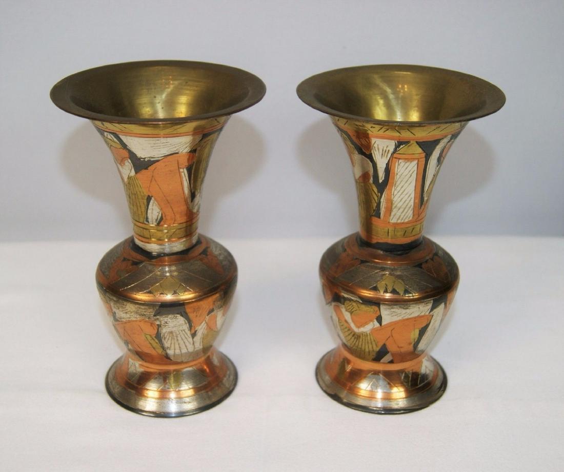 Vintage Pair Brass Multi Color Egyptian Motif Urn Vases (1 of 6)