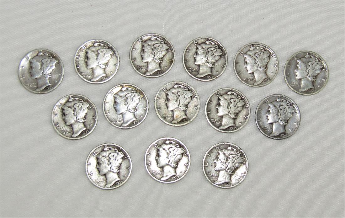 Vintage 1939 US Mercury Dime Lot (14) Philadelphia Mint (1 of 2)