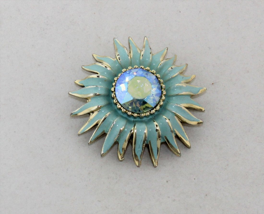 Vintage Aqua Blue Enamel Rhinestone Weiss Brooch Pin (1 of 2)