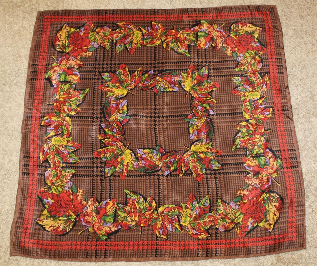 OSCAR DE LA RENTA Autumn Leaf Scarf: Oscar de la Renta 100% silk, Made in Japan, Hounds Tooth Autumn Leaves scarf. Measurements: Length 31", Width 30 1/2".