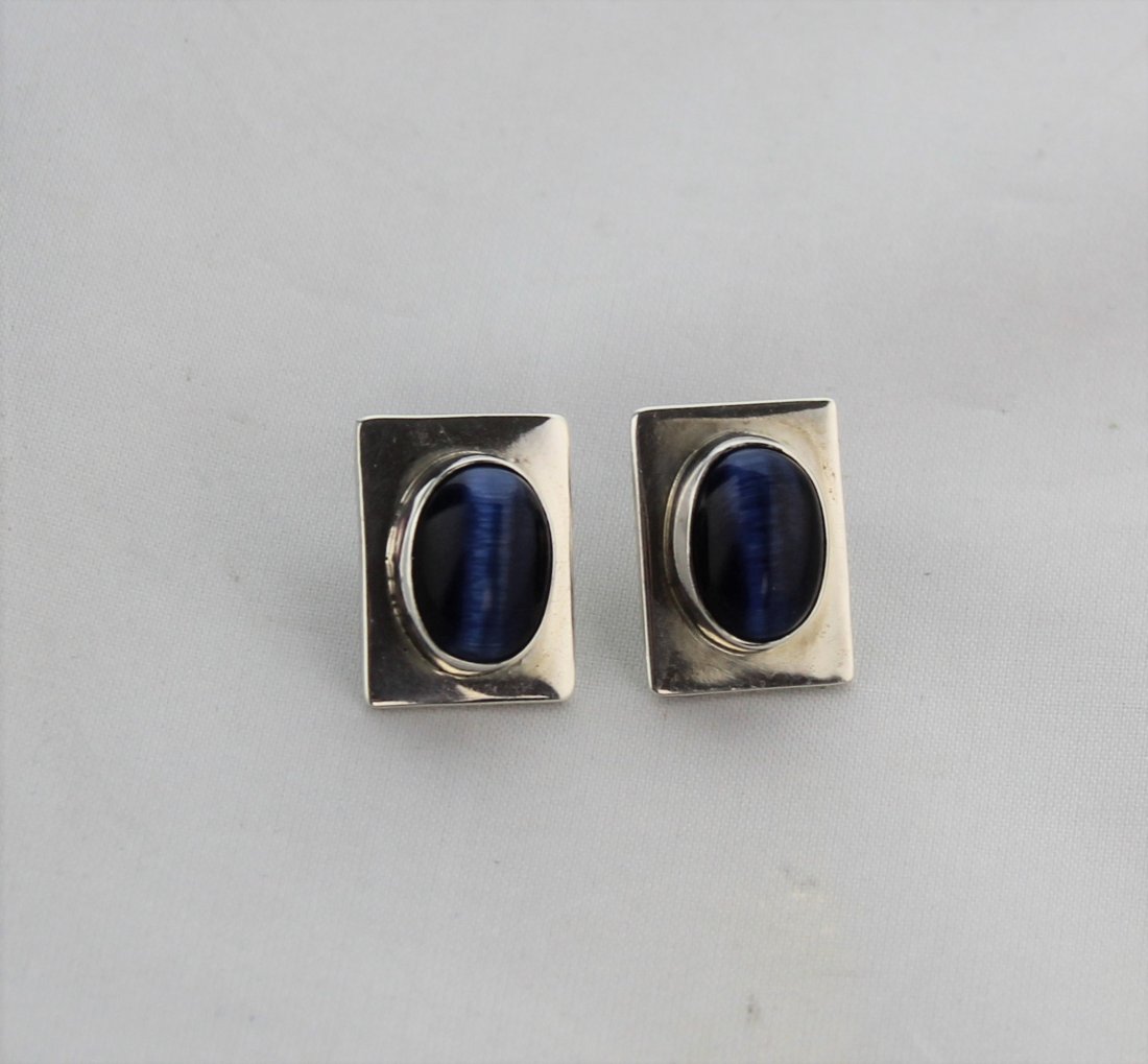 Taxco Mexico Sterling Silver Blue Tiger's Eye Earrings (1 of 3)