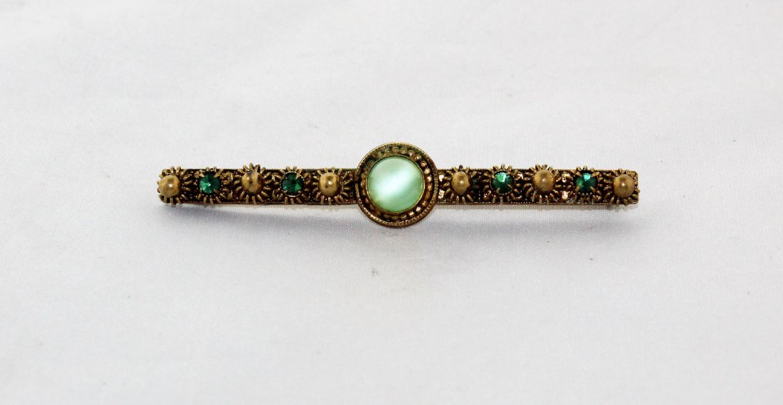 Antique Victorian Moonstone Rhinestone Gilt Bar Pin: Antique Victorian Green Moonstone, Green Rhinestone and Gold Bead, Gold Gilt Bar Pin is 2 3/4" wide and 3/8" high. It has a C clasp for closure.