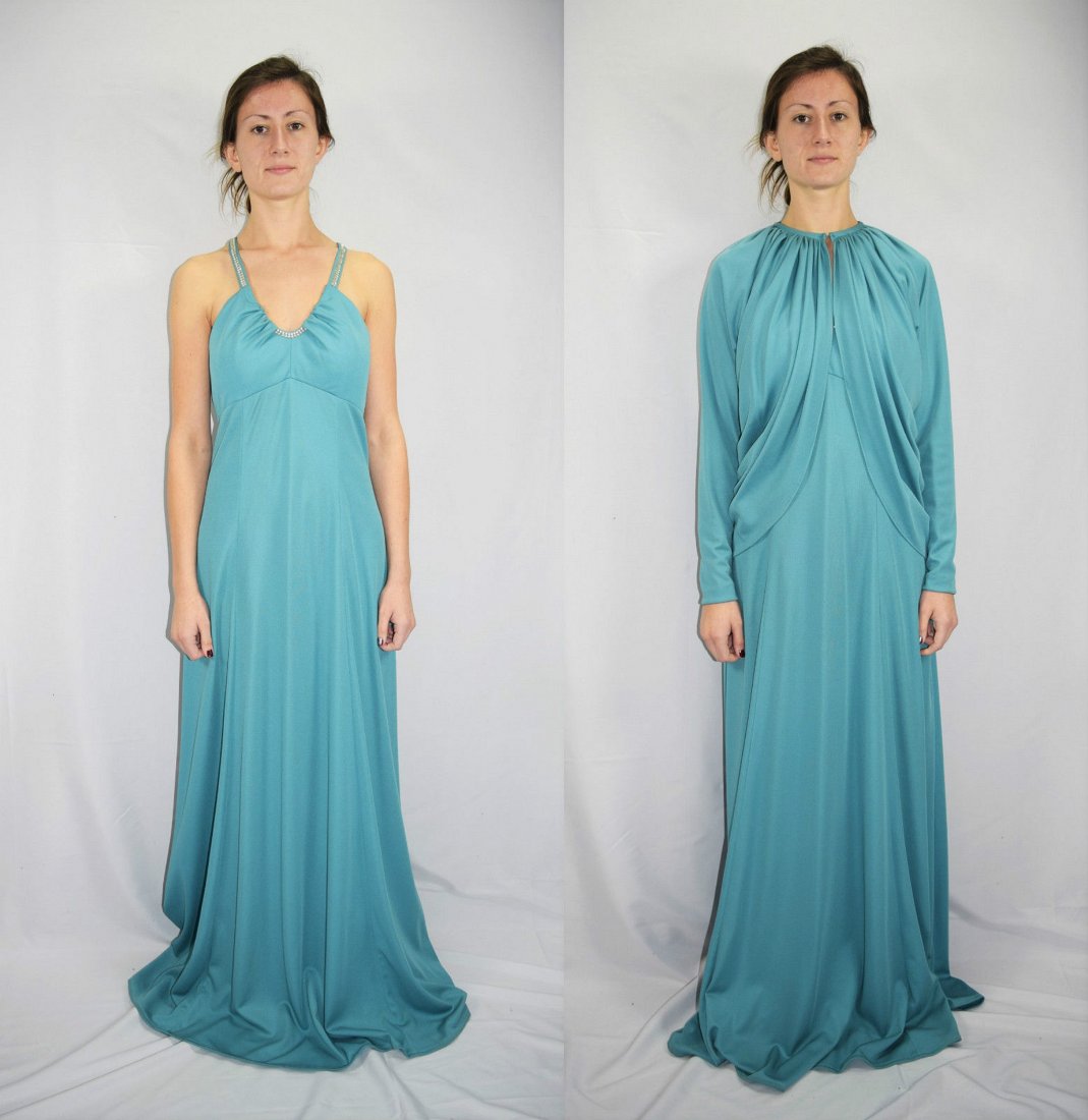 Vintage Formal Dress & Jacket by Jack Hartley - S: This is designer vintage 1970's disco era formal Grecian Goddess gown or prom dress with matching bat wing cover or jacket was designed by Jack Hartley. The vintage dress is in a teal to turquoise gre