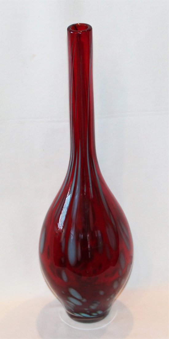 Murano Red Art Glass 16" Bottle Vase: Beautiful Murano Red Art Glass Bottle or Vase measures 16" high. The rich red has frosted blue highlights. It is 4" around at the top and 15" around at the fullest part.