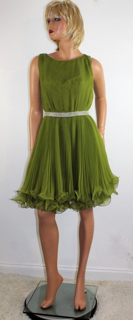Vintage 60's Avocado Green Dress by Miss Elliette - S: Vintage 60's Avocado Green rayon Chiffon Cocktail Dress by Miss Elliette in size Small. The dress has accordion pleats, lots of layers, a sparkling rhinestone belt and Talon metal zipper down the back