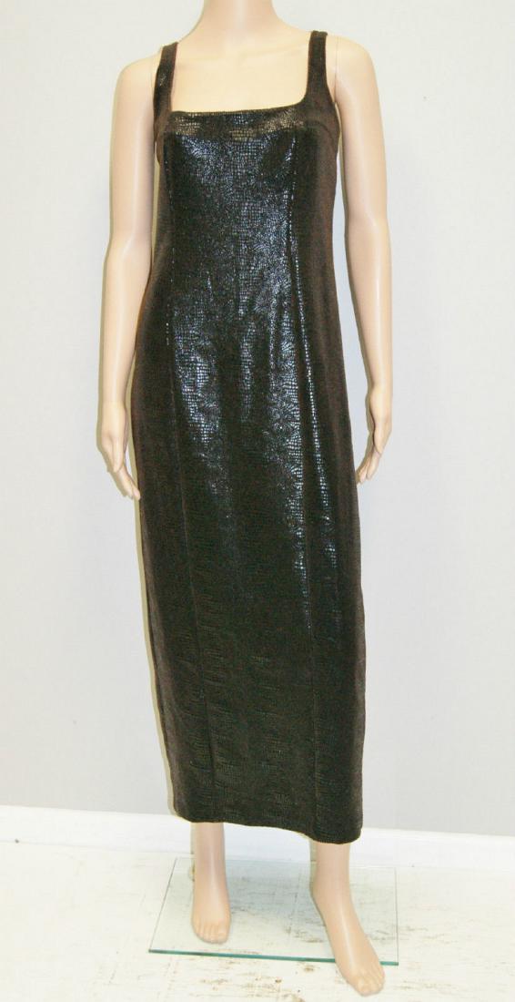 BETSEY JOHNSON Liquid Brown Faux Snake Skin Dress: This is a beautiful vintage 1990's liquid chocolate brown faux snake skin cocktail dress by designer Betsey Johnson. It is marked size Large. The dress has a clingy tight body con spandex fit, showing