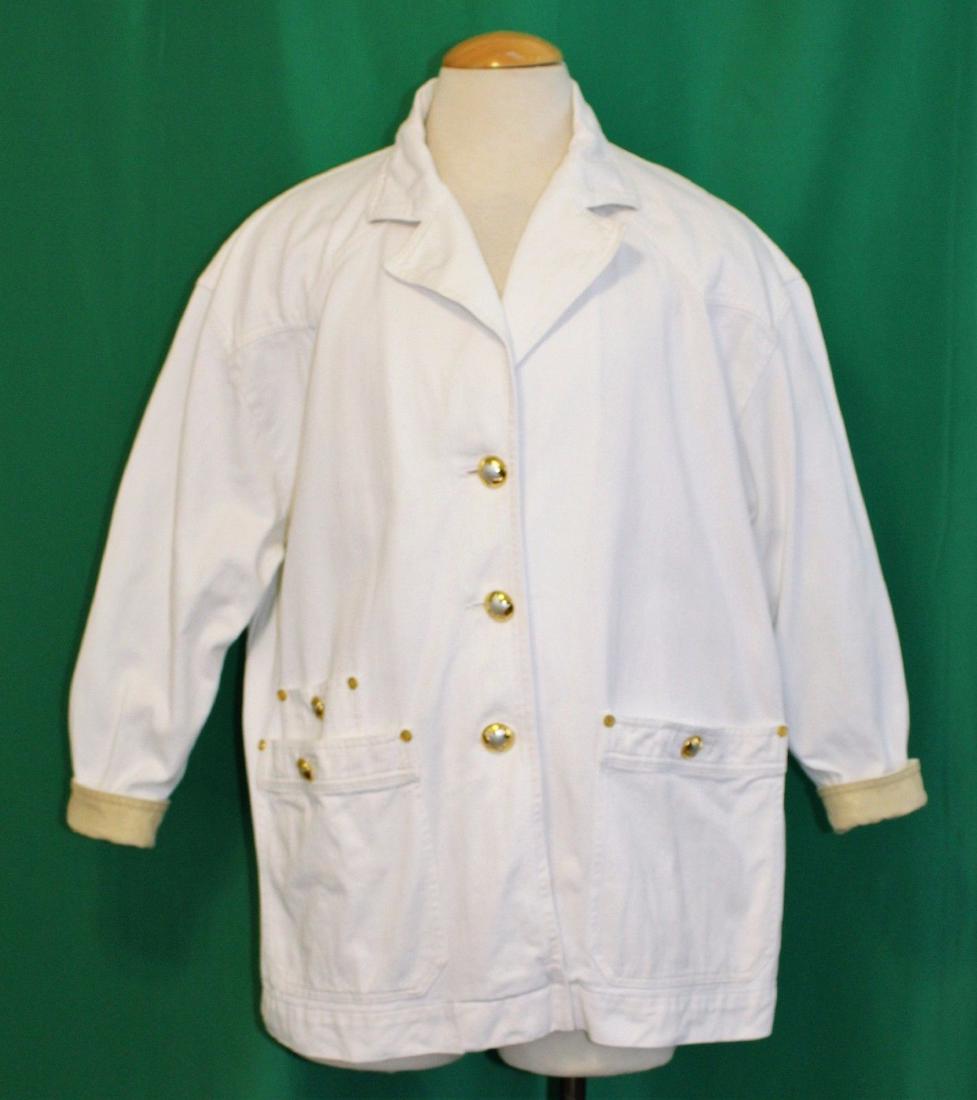 Vintage ESCADA By Margaretha Ley White Denim Jacket: Vintage 80's ESCADA By Designer Margaretha Ley White Denim Jacket Coat Size 42. BRAND: Escada by Margaretha Ley. SIZE: Marked 42. MATERIAL: 100% cotton. MEASUREMENTS: Bust 50", Waist 50", Hips 36", Le